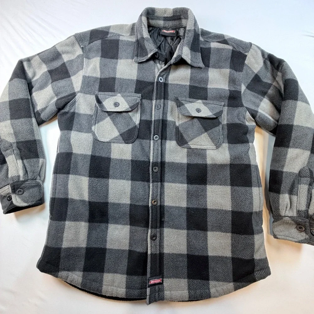 Dickies Quilted Fleece Shirt Jacket Mens L Gray Black Buffalo Plaid Insulated